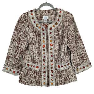 Just B Linen Fringe Blazer L Boho Artsy Jewel Beaded Mesh Lace Snap Close Jacket